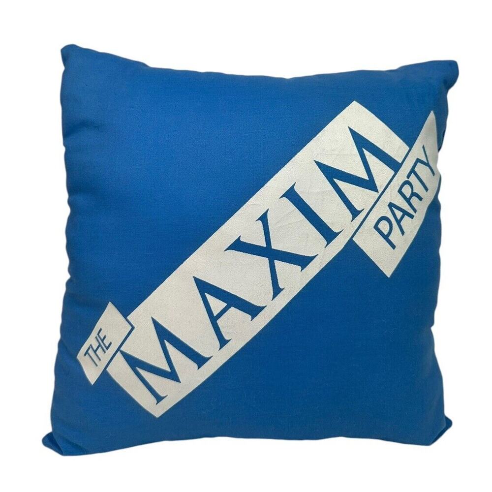 The Maxim Party Blue White Letters Throw Pillow 11‎ x 11" RARE